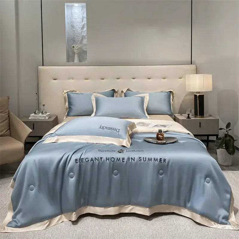 Luxury cream and black ice silk embroidered quilt set with light blue satin duvet cover and cream trim for elegant decorbites ice silk bedding