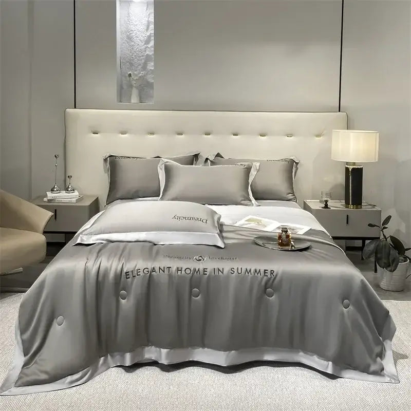 Luxury cream and black ice silk embroidered quilt set with gray satin duvet cover and decorbites ice silk pillowcases