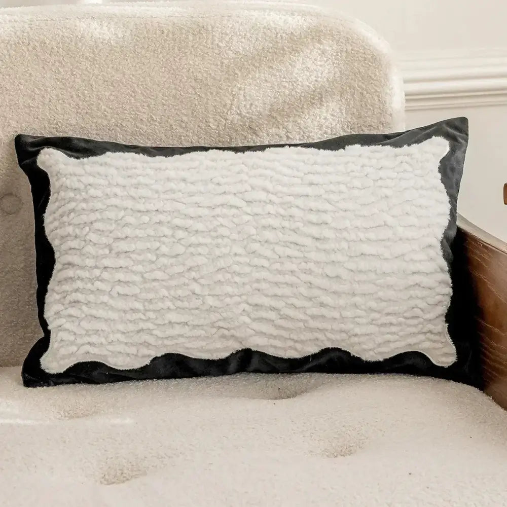 Luxury cream and black decorbites camellia jacquard pillow cover with fluffy white center and satin trim for living room decor