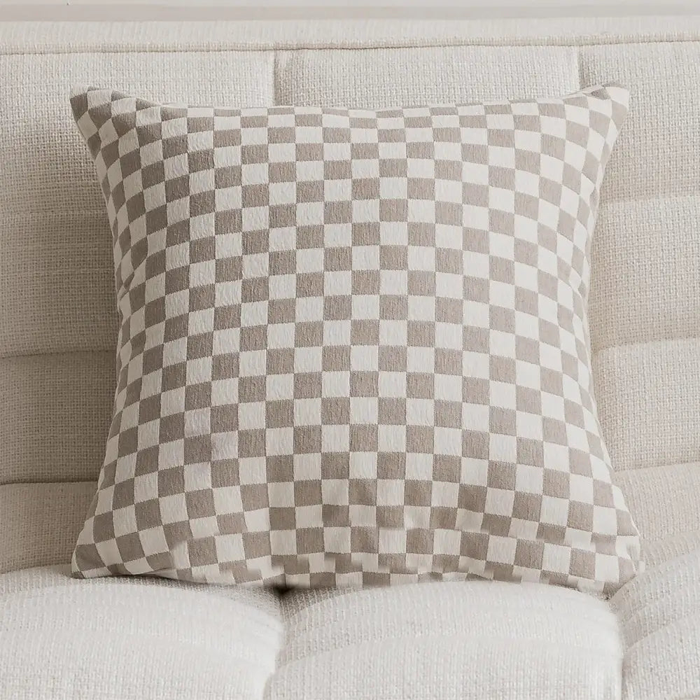 Square pillow cover with classic beige and off-white checkered decorbites camellia jacquard fabric finish