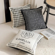 Luxury cream and black decorbites camellia jacquard pillow cover with embroidered rose for living room decor