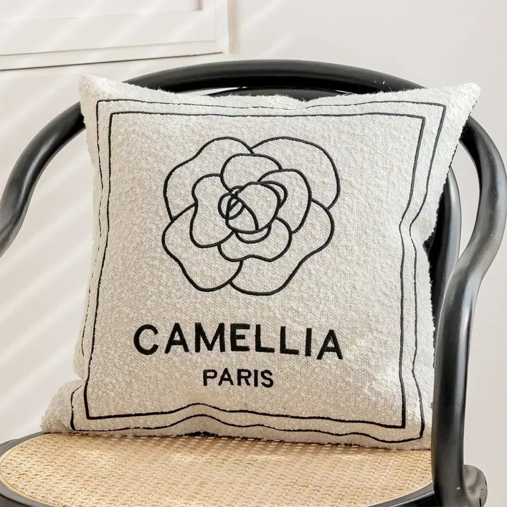 Luxury cream textured pillow cover with black embroidered camellia flower and decorbites camellia jacquard design for living room decor