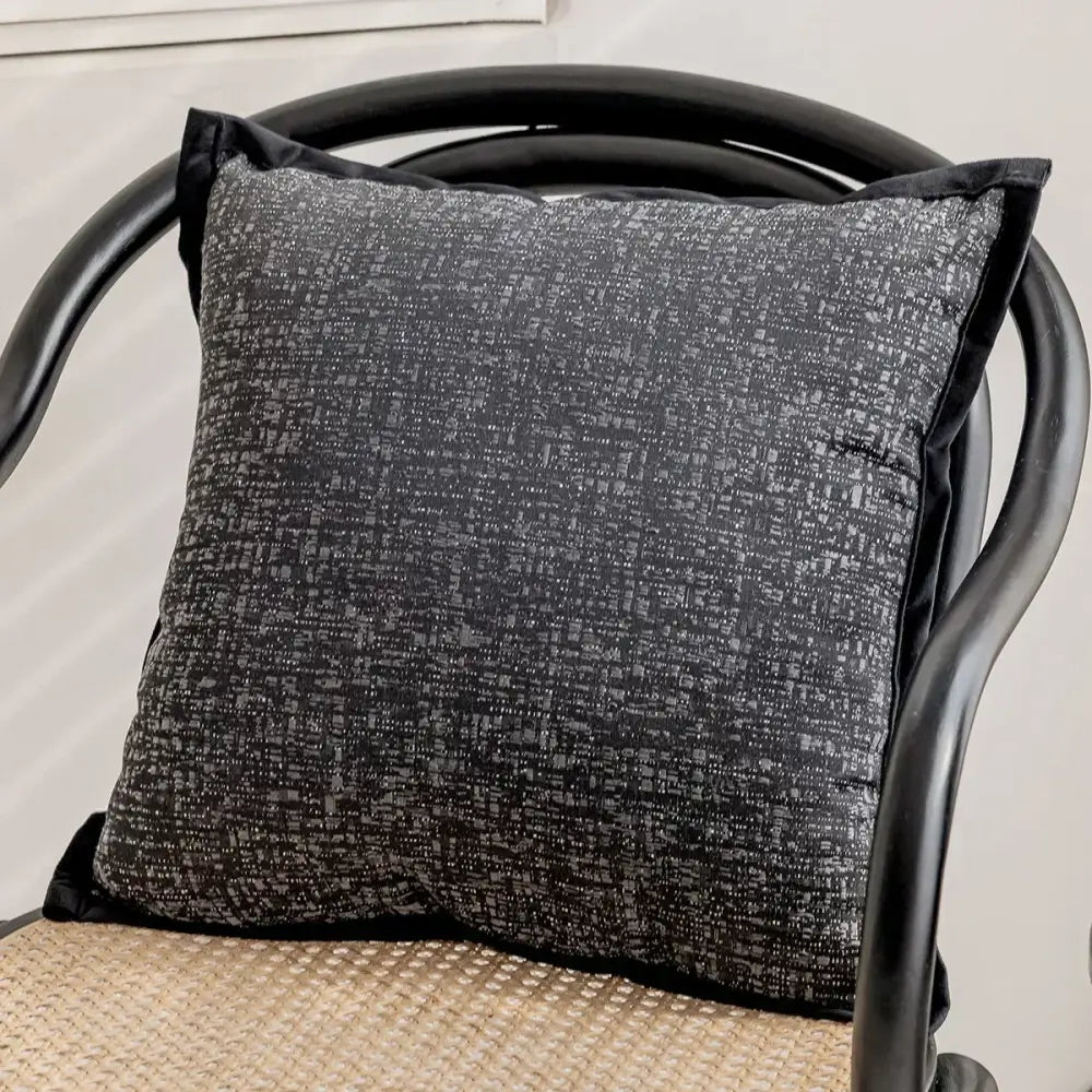 Square black and gray textured pillow cover with velvet trim from decorbites camellia jacquard living room decor