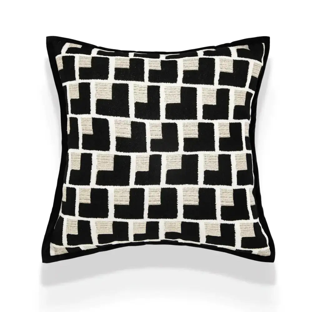 Luxury cream and black decorbites camellia jacquard pillow cover with textured woven geometric pattern for living room decor