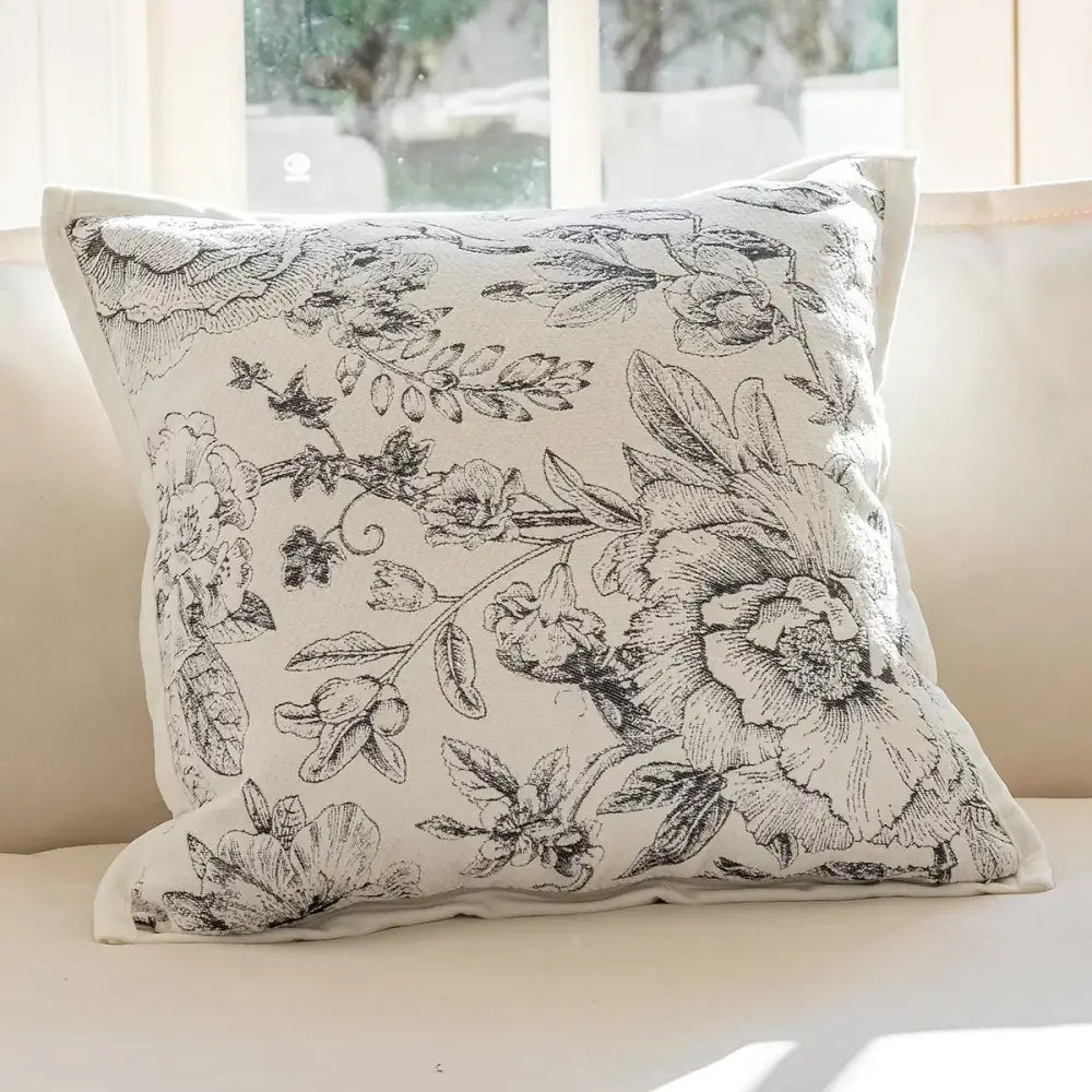 Luxury cream pillow cover with intricate black floral decorbites camellia jacquard embroidery for living room decor
