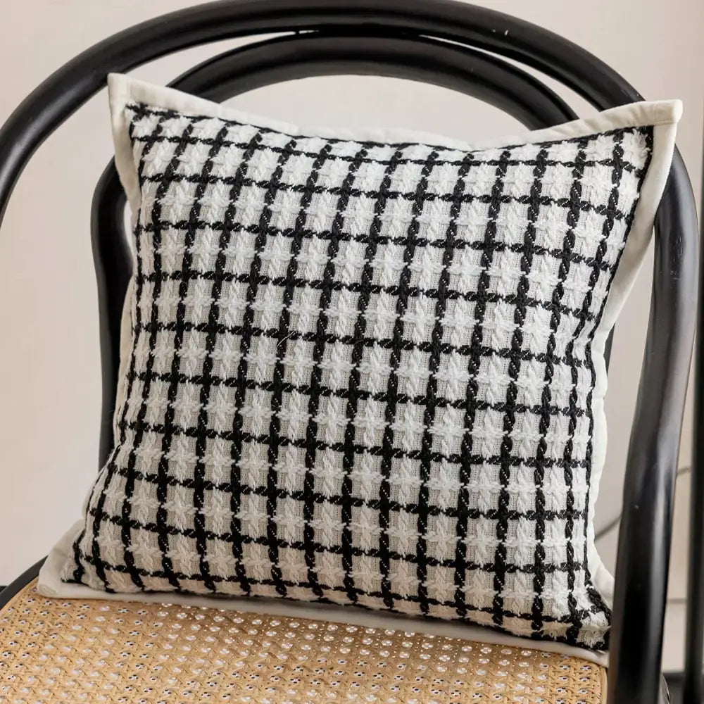 Luxury cream and black decorbites camellia jacquard pillow cover with houndstooth pattern and cream border for living room decor