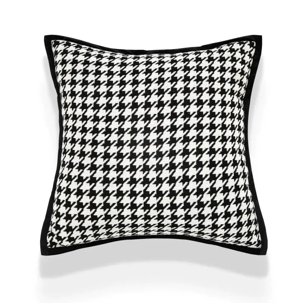 Black and white houndstooth patterned decorbites camellia jacquard pillow cover with black border for living room decor