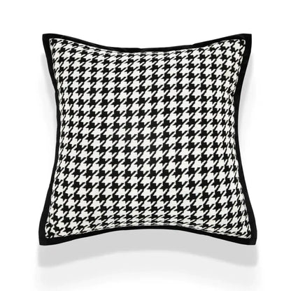 Black and white houndstooth patterned decorbites camellia jacquard pillow cover with black border for living room decor