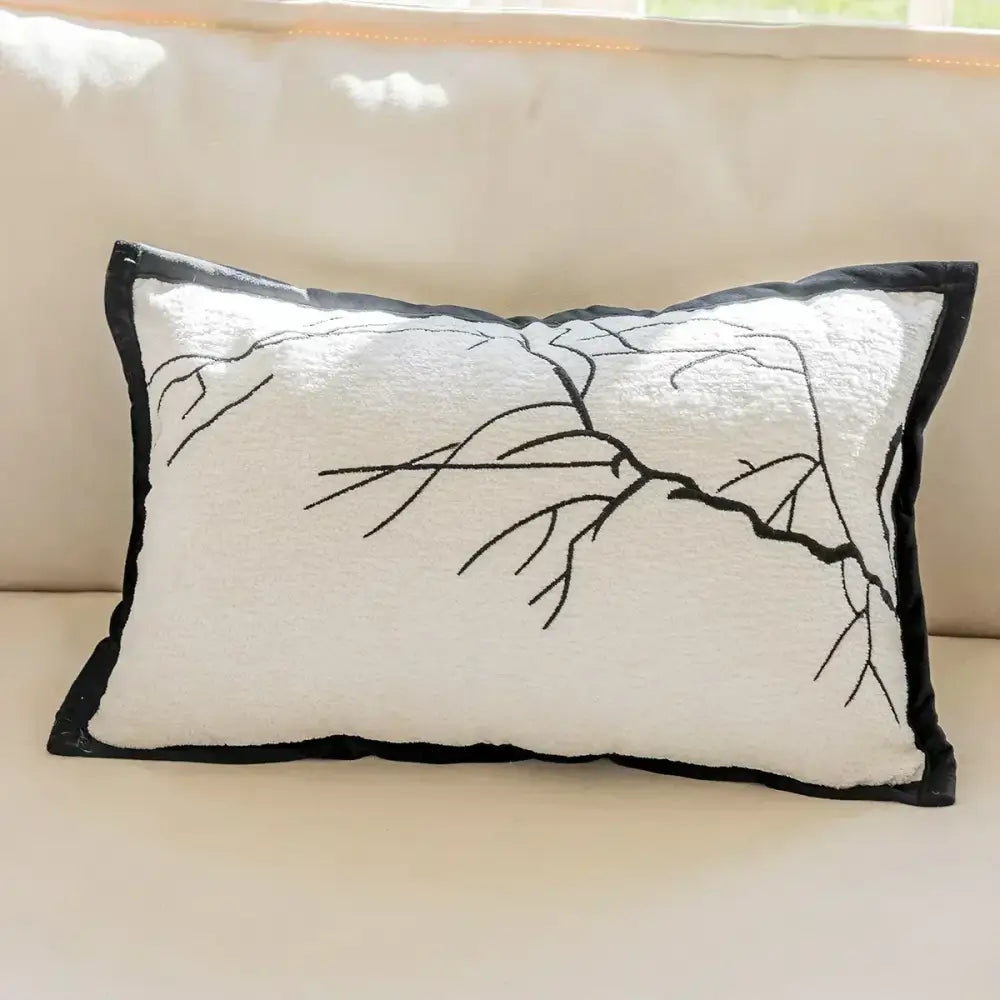 Luxury cream and black decorbites camellia jacquard pillow cover with embroidered branch design and black velvet border