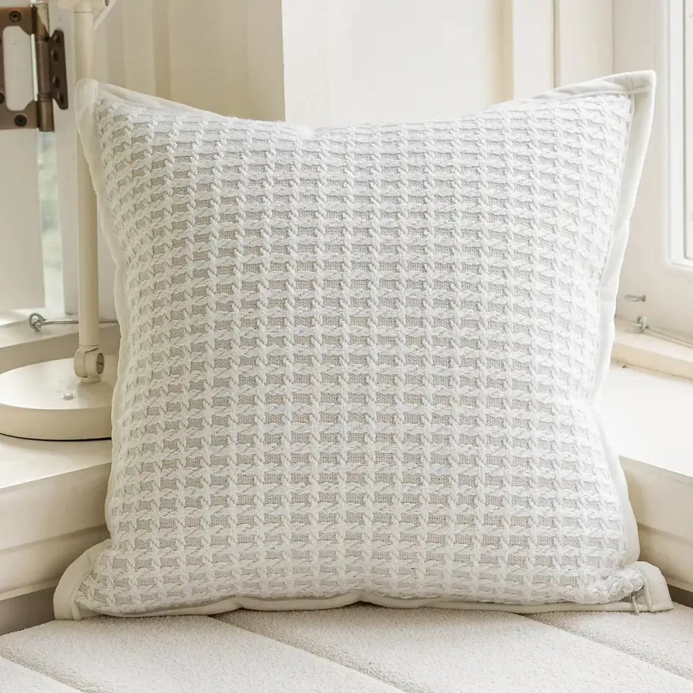 White square pillow cover with subtle geometric pattern luxury cream and black decorbites camellia jacquard design