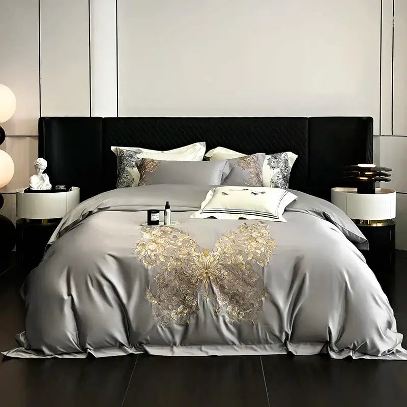 Gray satin duvet cover with intricate gold butterfly flowers embroidery from luxury cream and blue bedding set decorbites butterfly flowers