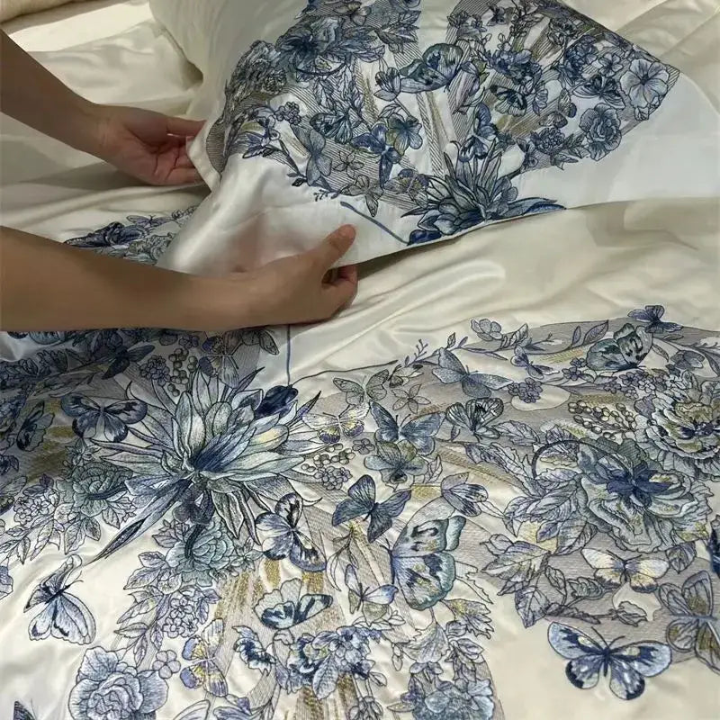Elegant ivory satin pillowcase with blue and gray decorbites butterfly flowers embroidery for luxury bedding set