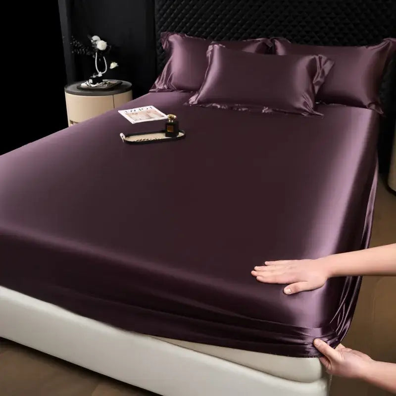 Purple satin fitted sheet set with matching pillowcases luxury cream mulberry silk bed linen for bedroom use