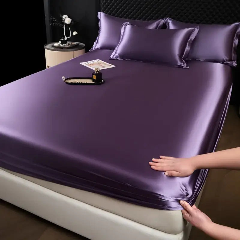 Purple satin fitted sheet set with matching pillowcases luxury cream mulberry silk bedroom bed linen