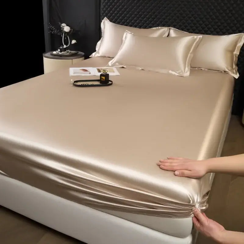Luxury cream mulberry silk fitted sheet set with beige satin smooth glossy finish and elasticized edges for bedroom use