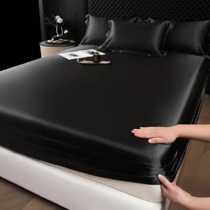 Black satin fitted sheet set with smooth glossy finish luxury cream mulberry silk bedroom bed linen