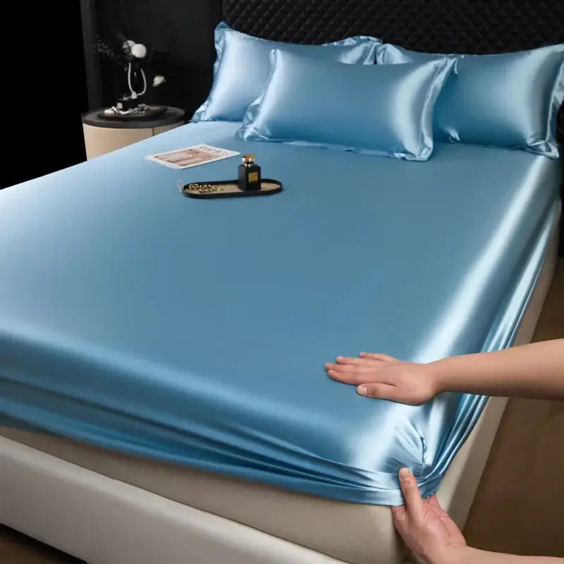 Light blue satin fitted sheet set with matching pillows for luxury cream mulberry silk bedroom bed linen