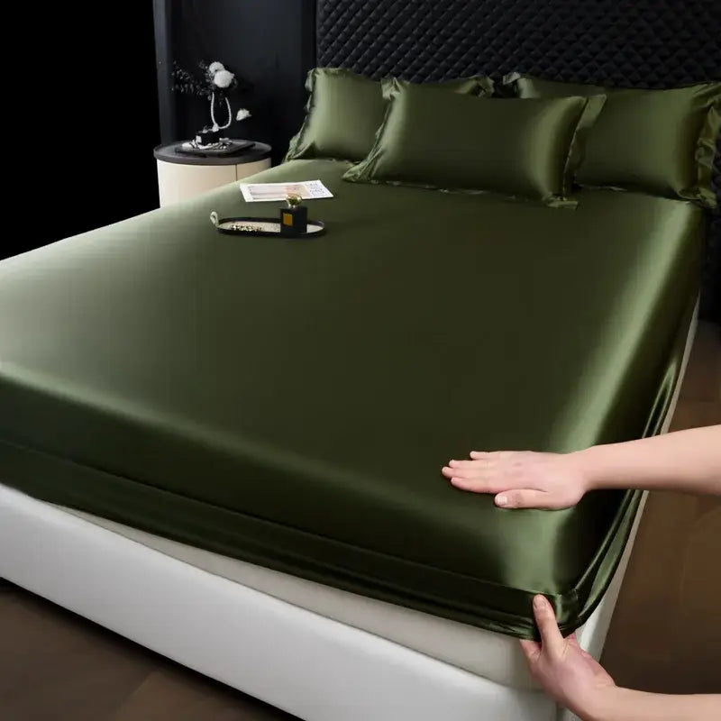 Olive green satin fitted sheet set with matching pillowcases luxury cream mulberry silk bedroom bed linen