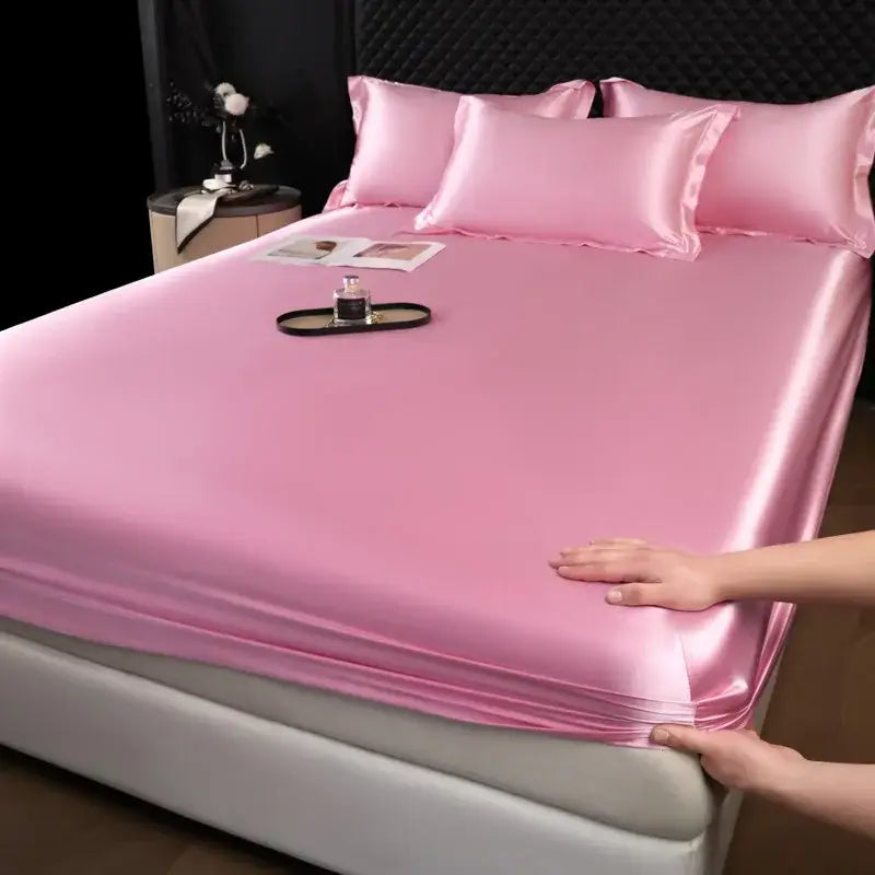 Luxury cream mulberry silk fitted sheet set with pink satin bed sheet and matching pillows for bedroom bed linen