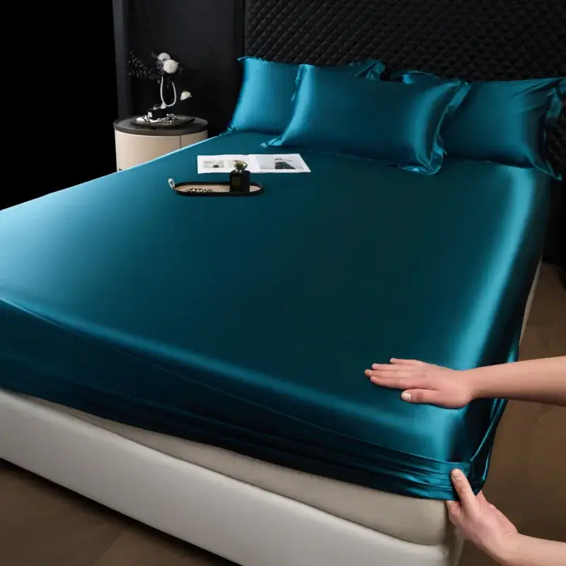 Teal satin fitted sheet set with smooth glossy finish for luxury cream mulberry silk bedroom bed linen