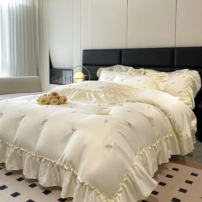 Luxury cream and pink ice silk floral bedding sets with delicate embroidery and ruffled edges by decorbites ice silk