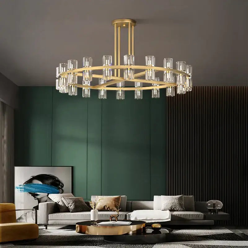 Modern gold-toned crystal black gold pendant light with clear glass cylinders in a multi-tiered decorbites crystal black design