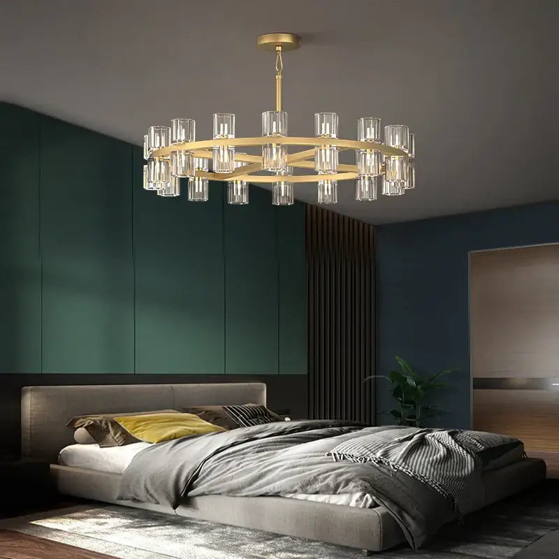 Luxury crystal black gold pendant light chandelier with gold-toned frame and clear glass cylindrical shades for living room decorbites crystal black gold