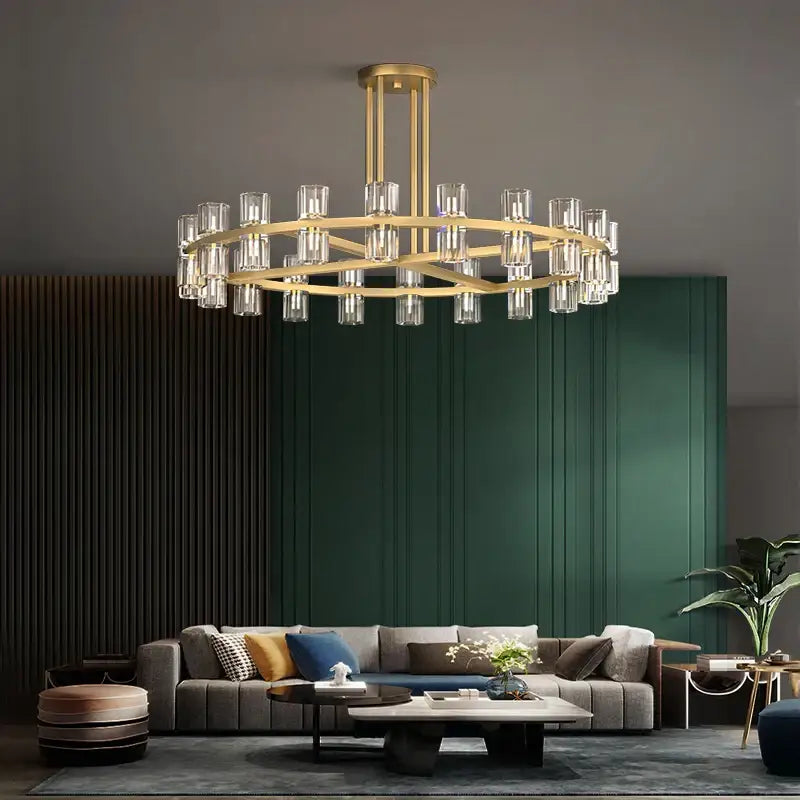 Gold-toned crystal black gold pendant light with clear glass cylinders in concentric rings for luxury living room decorbites chandelier
