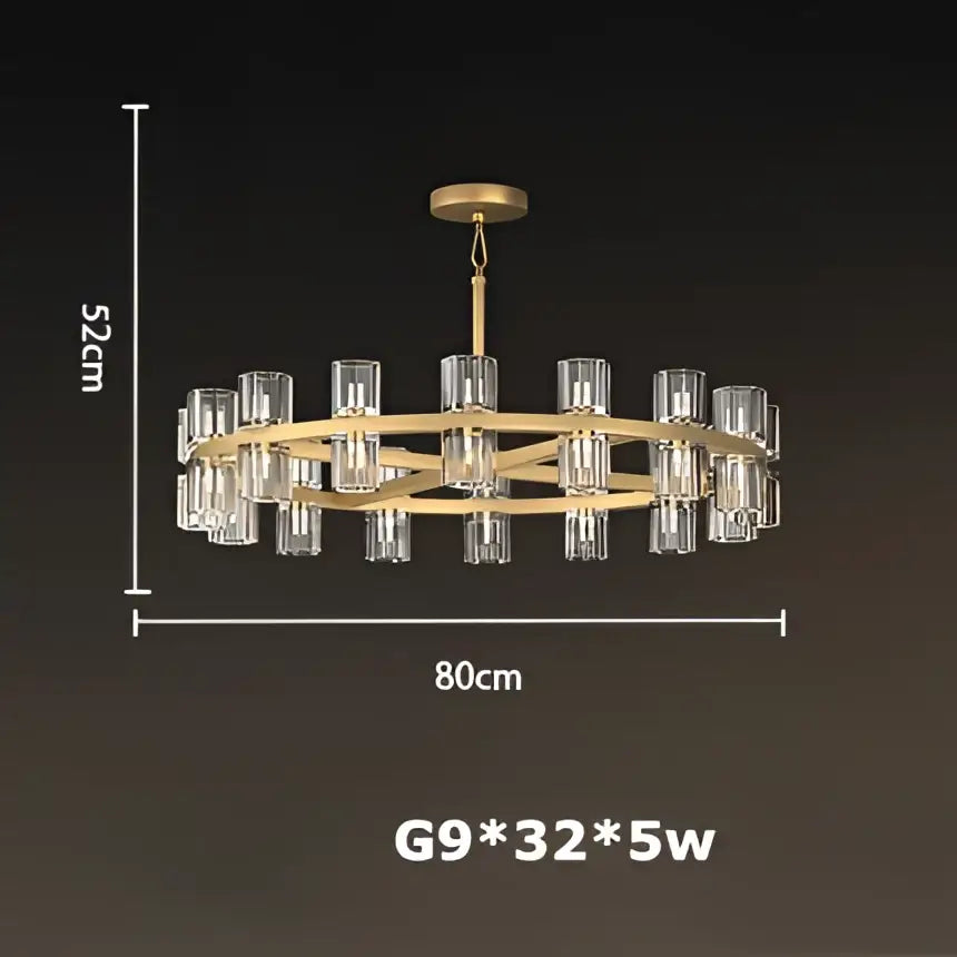 Luxury crystal black gold pendant light featuring a gold-toned circular frame with 32 clear glass candle bulbs