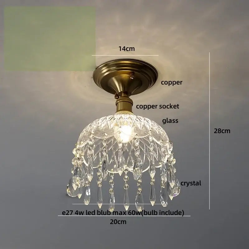 Luxury crystal brass ceiling lamp with copper base clear glass dome and crystal droplets for decorbites glass grid decor