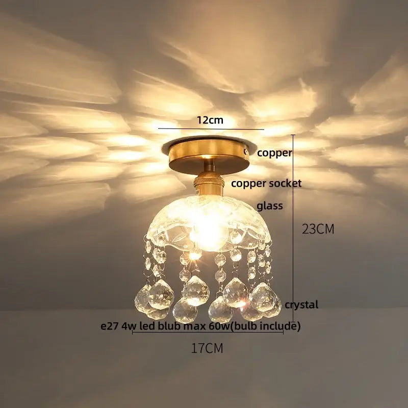 Luxury crystal brass ceiling lamp with copper-finished base and teardrop crystals for decorbites glass grid living room decor