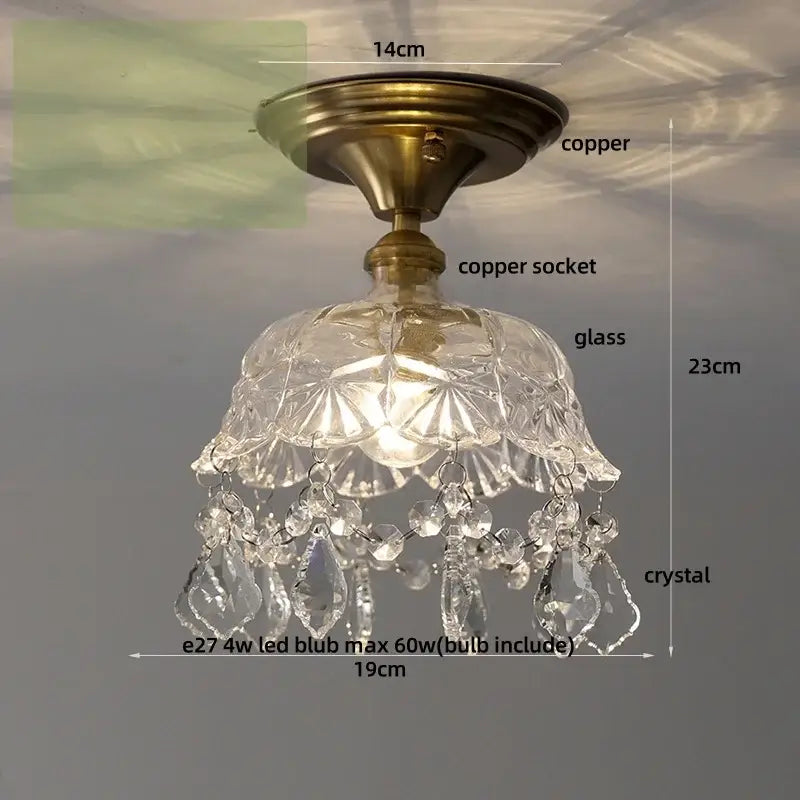 Antique brass ceiling lamp with faceted glass shade and crystal teardrops for decorbites glass grid living room decor