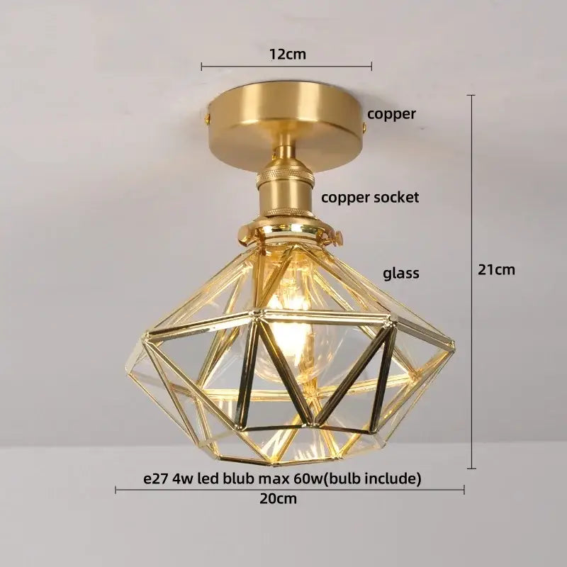 Gold-finished copper ceiling lamp with a geometric glass shade featuring decorbites glass grid for living room decor