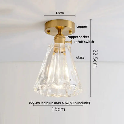 A clear faceted glass ceiling lamp with brass copper-finished base and switch from decorbites glass grid collection
