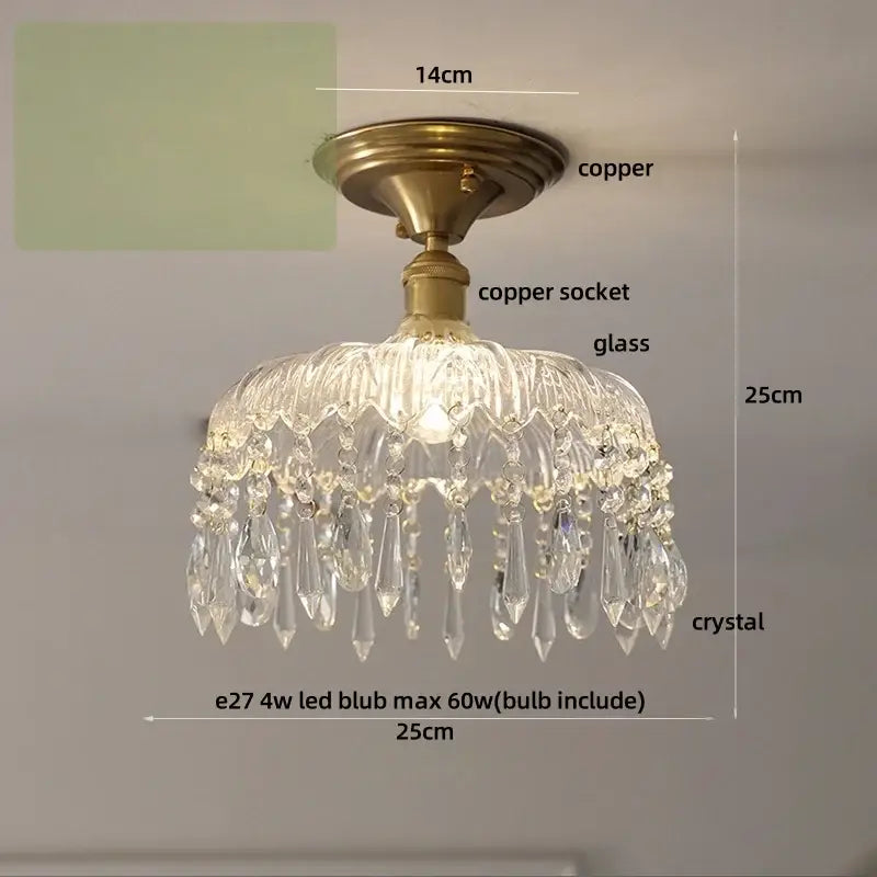 A clear crystal ceiling lamp with brass copper fixture and teardrop crystals for decorbites glass grid lighting