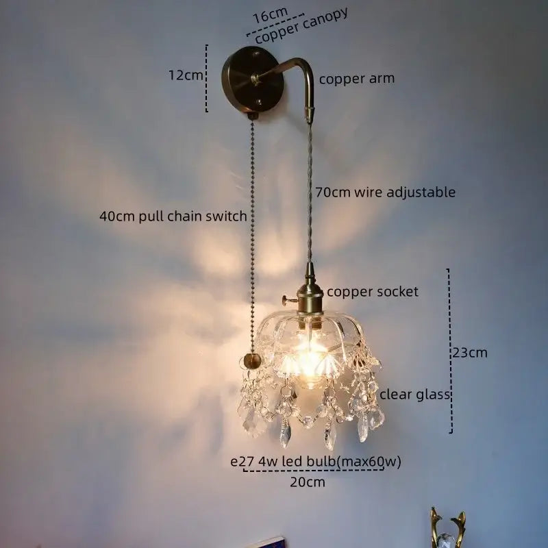 Luxury crystal copper led wall sconce with antique brass finish clear glass shade and dangling crystal droplets for bedroom lighting
