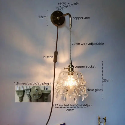 Luxury crystal copper led wall sconce with clear glass shade and dangling crystal droplets for bedroom lighting