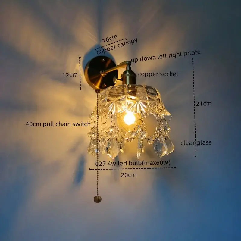 Luxury crystal copper led wall sconce with ornate clear glass shade and dangling crystals for bedroom lighting
