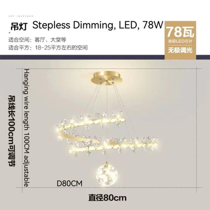 Luxury crystal gold ceiling chandelier with gold-toned spiral design, crystal accents, and stepless dimming led technology
