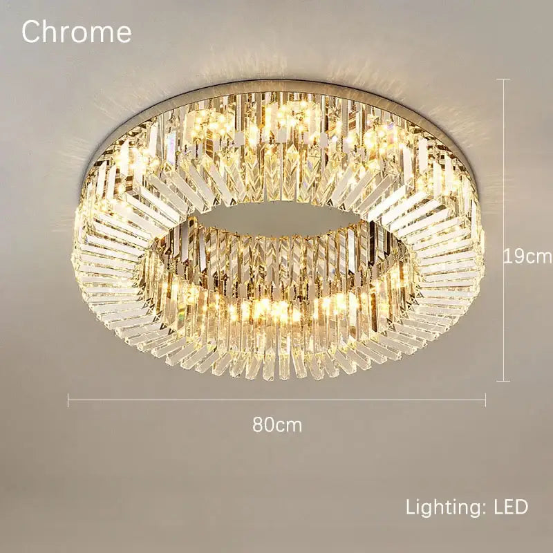 Luxury crystal gold led ring ceiling light with chrome finish and two concentric rings of faceted crystal prisms decorbites crystal gold