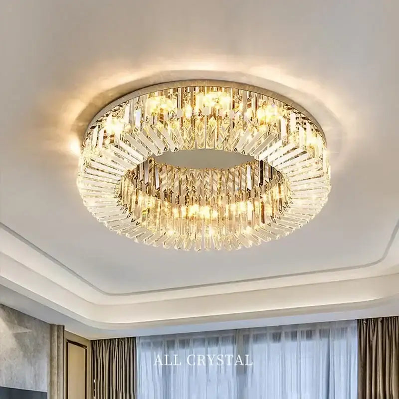 Luxury crystal gold led ring ceiling light with gold-toned metal frame and clear crystal tiers for dining room decorbites crystal gold