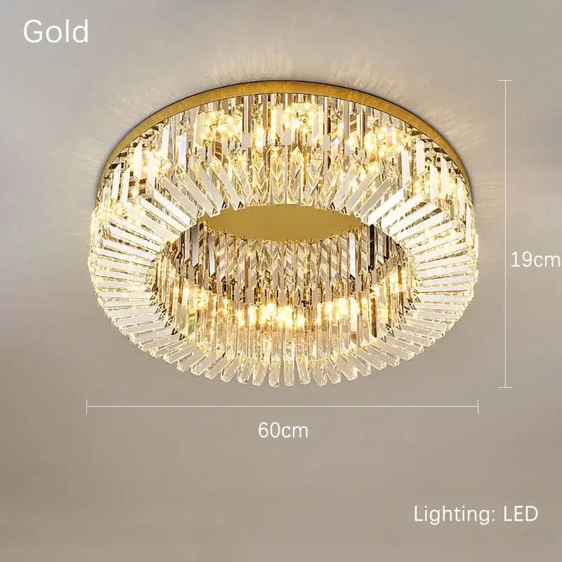 Luxury decorbites crystal gold ceiling light with two concentric rings of clear crystal prisms and led lighting