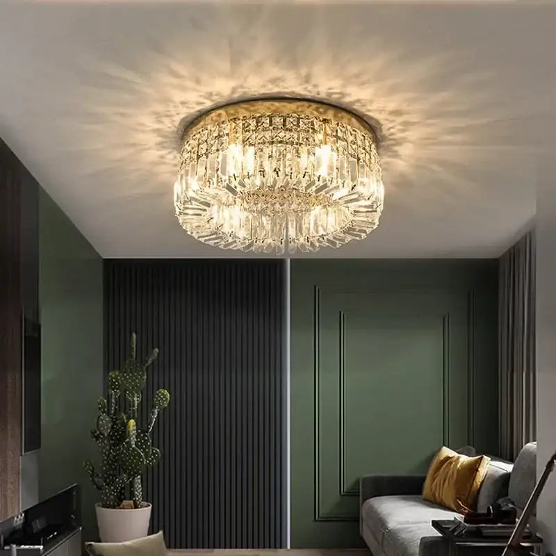 Luxury crystal gold led ring ceiling light with clear crystal prisms and gold-toned metal frame for dining room decorbites crystal gold chandelier