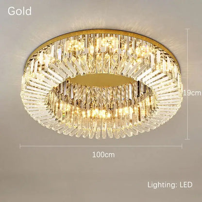 Luxury crystal gold led ceiling light with gold frame and concentric rings of clear crystal prisms for dining room decorbites crystal gold chandelier