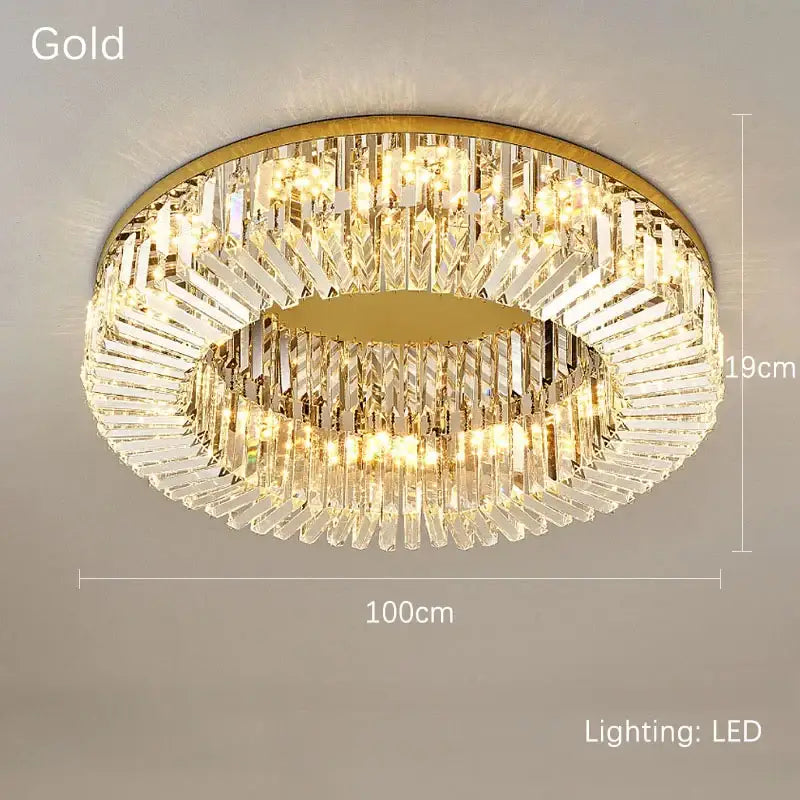Luxury crystal gold led ceiling light with gold frame and concentric rings of clear crystal prisms for dining room decorbites crystal gold chandelier
