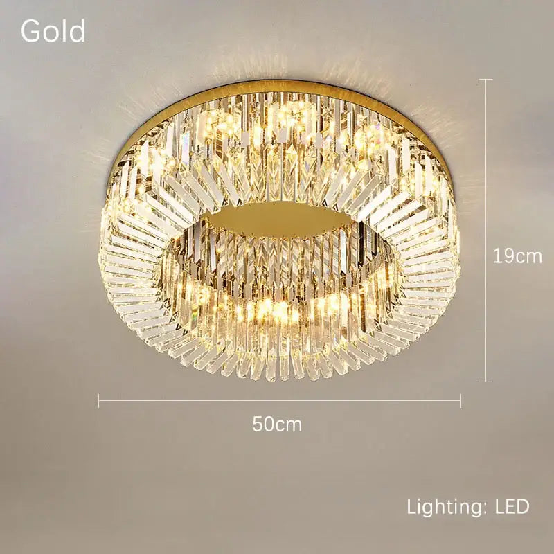 Luxury crystal gold led ceiling light with gold finish and two concentric crystal prism rings for dining room decorbites