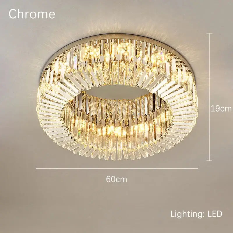Chrome-finished circular ceiling light with two rings of faceted crystal prisms illuminated by crystal gold led lighting
