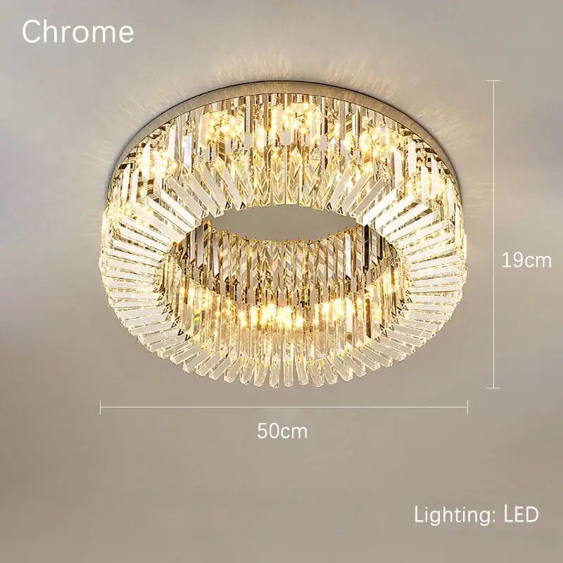 Luxury crystal gold led ring ceiling light with chrome finish and two concentric clear crystal prisms for dining room decorbites crystal gold