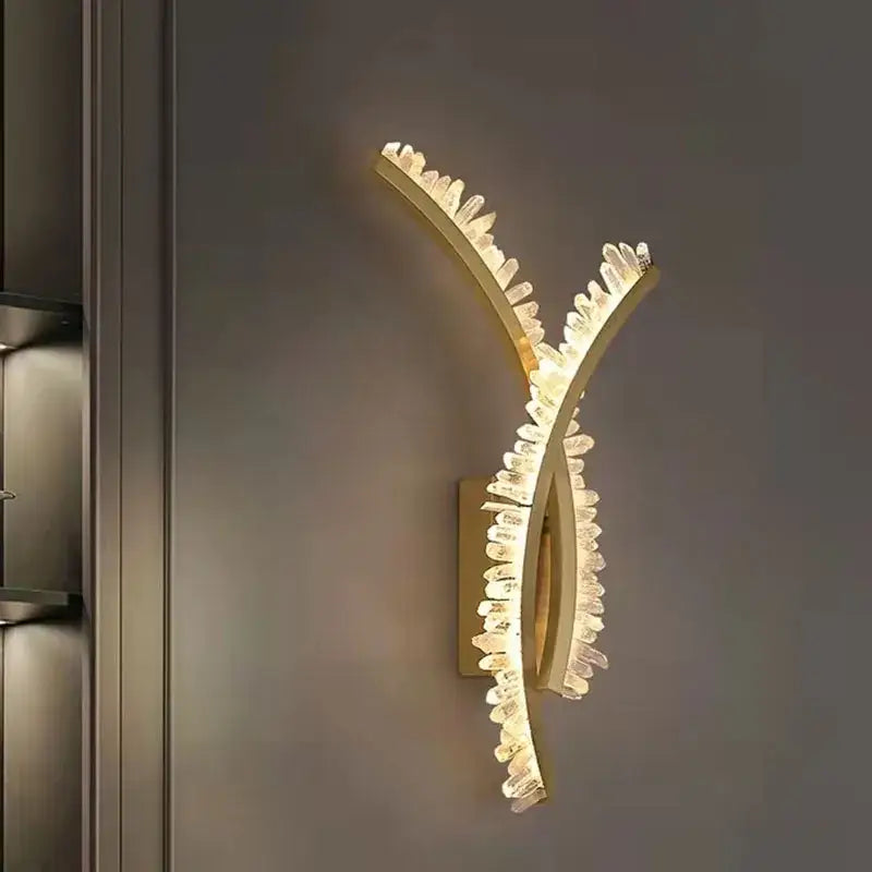 Luxury decorbites crystal gold metal wall sconce with sleek curved design and clear crystal accents for living room warm glow