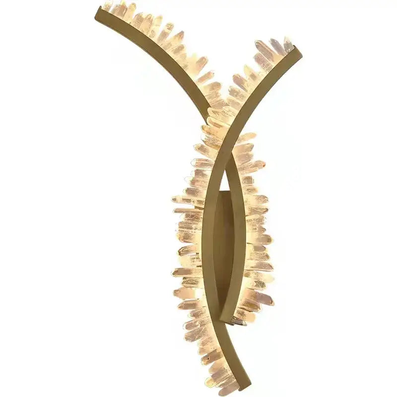 Luxury crystal gold metal wall sconce with sleek curved design and translucent crystals for warm living room decorbites glow